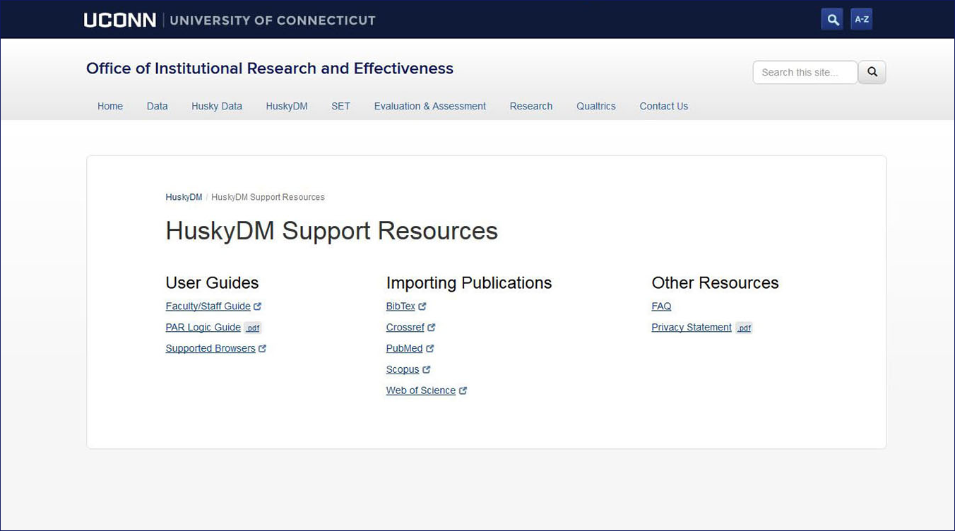 Screenshot of HuskyDM Support Resources webpage.